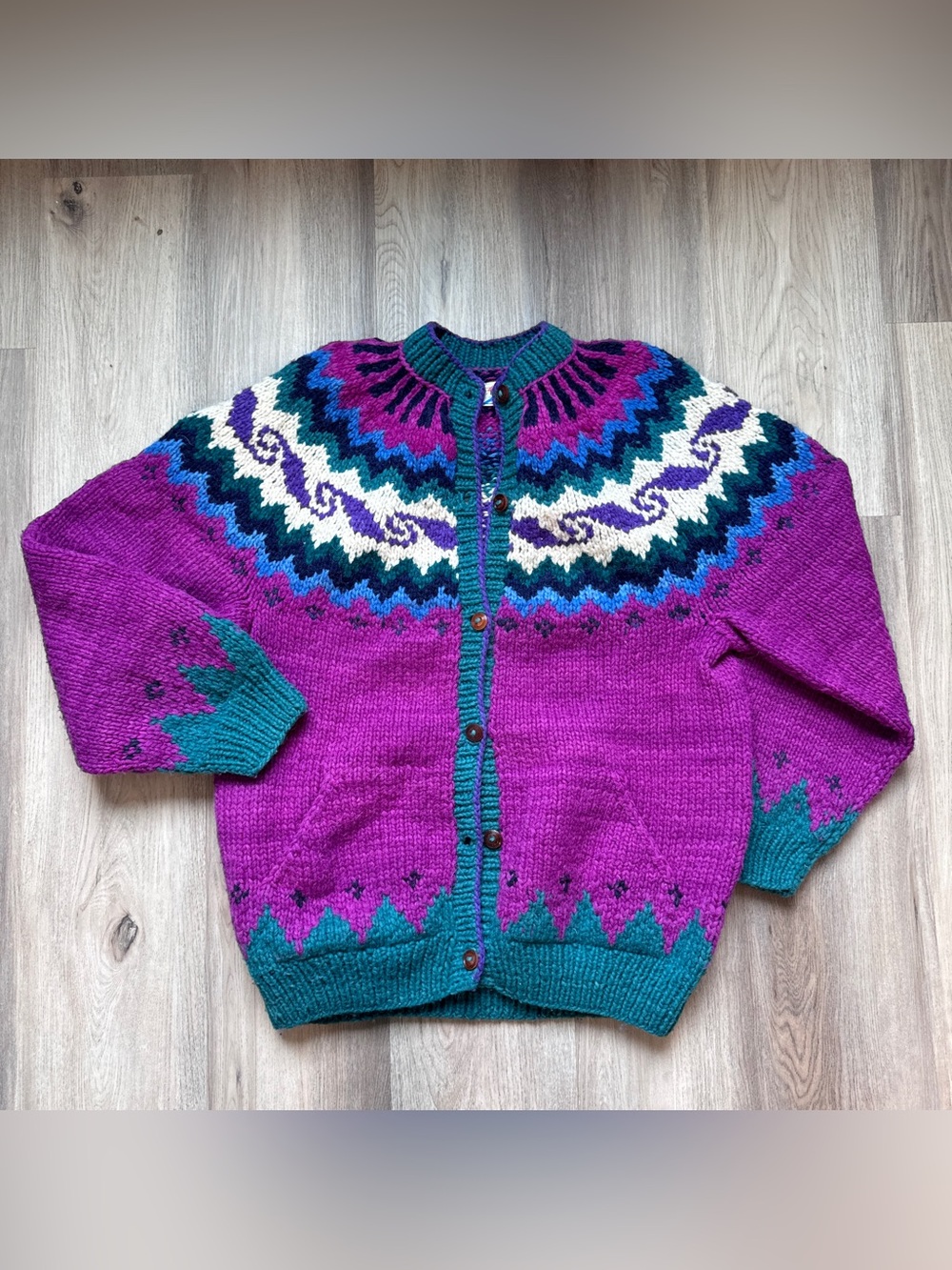 VTG 80s Rey Wear 100% Wool Ecuadorian Hand Knit Cardigan Colorful Bold Fair Isle